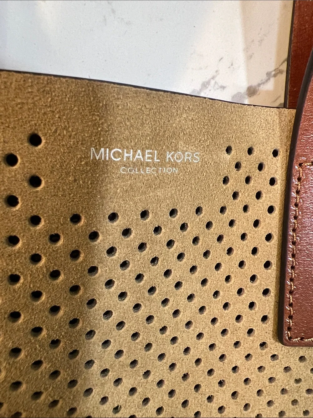 Michael Kors Collection Perforated Suede Tote in Tan with Brown Leather Handles
